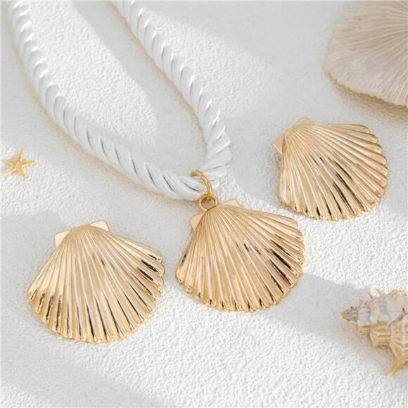 Gold Seashell Necklace and Earrings Set Women Beach Jewelry Summer Shell Jewelry - Picture 7 of 8